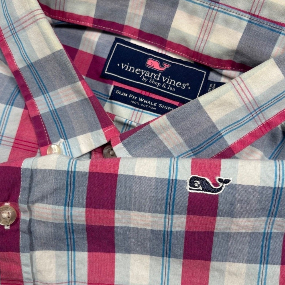 Vineyard Vines Button Down Shirt Men XL SLIM Pink Blue White Plaid Whale Preppy